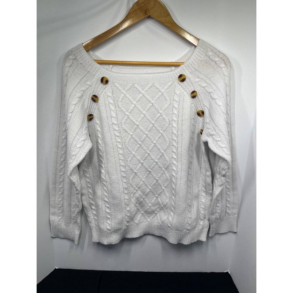 White Cable Knit Button Shoulder Sweater Long Sleeve Pullover Size L